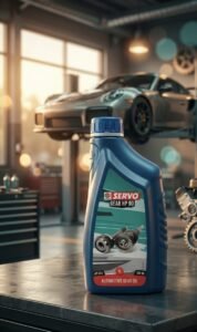 **Alt Text:**SERVO Gear HP 90 SAE 90 API GL-4 automotive gear oil, 1 litre bottle in a professional auto repair workshop.
