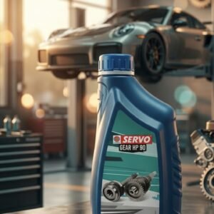 SERVO Gear HP 90 SAE 90 API GL-4 automotive gear oil, 1 litre bottle in a professional auto repair workshop.